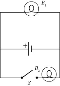 Two light bulbs, B<sub>1</sub> and B<sub>2</sub>, are connected to a battery having appreciable internal resistance as shown in the figure. What happens to the brightness of bulb B<sub>1</sub> when we close the switch S?   A)  The brightness of B<sub>1</sub> increases permanently. B)  The brightness of B<sub>1</sub> decreases permanently. C)  The brightness of B<sub>1</sub> does not change. D)  The brightness of B<sub>1</sub> increases temporarily but gradually decreases back to its original brightness. E)  The brightness of B<sub>1</sub> decreases temporarily but gradually increases back to its original brightness.