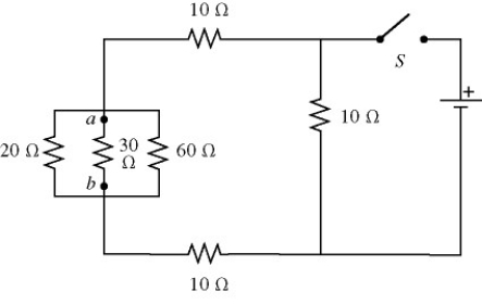 In the circuit shown in the figure, an ideal ohmmeter is connected across ab with the switch S open. All the connecting leads have negligible resistance. The reading of the ohmmeter will be closest to   A)  7.5 Ω. B)  10 Ω. C)  30 Ω. D)  40 Ω. E)  60 Ω.