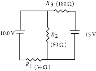 For the circuit shown in the figure, what is the current through resistor R<sub>3</sub>?   A)  0.043 A B)  1.5 A C)  0.028 A D)  0.086 A