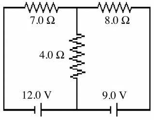 For the circuit shown in the figure, determine the current in (a) the 7.0-Ω resistor. (b) the 8.0-Ω resistor. (c) the 4.0-Ω resistor.  