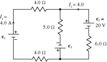 Consider the circuit shown in the figure. Note that two currents are shown. Calculate the emfs ε<sub>1</sub> and ε<sub>3</sub>.  