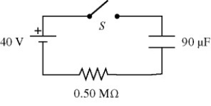 For the circuit shown in the figure, the switch S is initially open and the capacitor is uncharged. The switch is then closed at time t = 0. How many seconds after closing the switch will the energy stored in the capacitor be equal to 50.2 mJ?   A)  81 s B)  65 s C)  97 s D)  110 s E)  130 s