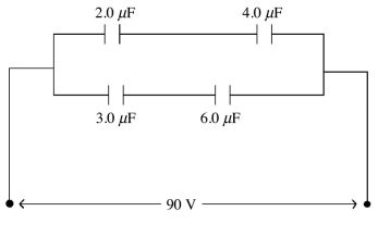 Four capacitors are connected across a 90-V voltage source as shown in the figure.   (a) What is the charge on the 4.0-μF capacitor? (b) What is the charge on a 2.0-μF capacitor? (c) What is the charge on the 3.0-μF capacitor? (d) What is the potential difference across the 6.0-μF capacitor?