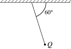 A point charge Q of mass 8.50 g hangs from the horizontal ceiling by a light 25.0-cm thread. When a horizontal electric field of magnitude 1750 N/C is turned on, the charge hangs away from the vertical as shown in the figure. The magnitude of Q is closest to   A)  27.5 µC. B)  47.6 µC. C)  55.0 µC. D)  3.0 µC. E)  3.5 µC.