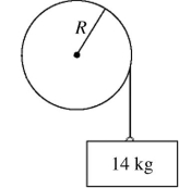In the figure, a very light rope is wrapped around a wheel of radius R = 2.0 meters and does not slip. The wheel is mounted with frictionless bearings on an axle through its center. A block of mass 14 kg is suspended from the end of the rope. When the system is released from rest it is observed that the block descends 10 meters in 2.0 seconds. What is the moment of inertia of the wheel?  