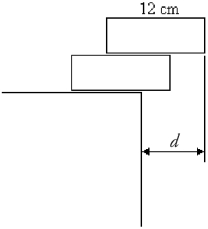 A child is trying to stack two uniform wooden blocks, 12 cm in length, so they will protrude as much as possible over the edge of a table, without tipping over, as shown in the figure. What is the maximum possible overhang distance d?   A)  5 cm B)  6 cm C)  7 cm D)  8 cm E)  9 cm