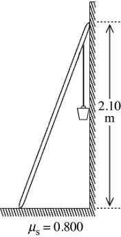 A 10.0-kg uniform ladder that is 2.50 m long is placed against a smooth vertical wall and reaches to a height of 2.10 m, as shown in the figure. The base of the ladder rests on a rough horizontal floor whose coefficient of static friction with the ladder is 0.800. An 80.0-kg bucket of concrete is suspended from the top rung of the ladder, right next to the wall, as shown in the figure. What is the magnitude of the friction force that the floor exerts on the ladder?   A)  538 N B)  706 N C)  1290 N D)  833 N E)  601 N