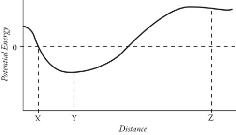 The plot in the figure shows the potential energy of a particle, due to the force exerted on it by another particle, as a function of distance. At which of the three points labeled in the figure is the magnitude of the force on the particle greatest?   A)  point X B)  point Y C)  point Z