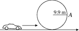 In the figure, a stunt car driver negotiates the frictionless track shown in such a way that the car is barely in contact with the track at the top of the loop. The radius of the track is 9.9 m and the mass of the car is 1800 kg. Find the magnitude of the force of the car on the track when the car is at point A. You can treat the car as a point mass.  