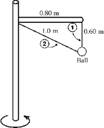 A ball of mass 5.0 kg is suspended by two wires from a horizontal arm that is attached to a vertical shaft, as shown in the figure. The shaft is in uniform rotation about its axis. The rate of rotation is adjusted until the tensions in the two wires are EQUAL. At that speed, the radial acceleration of the ball is closest to   A)  4.9 m/s<sup>2</sup>. B)  5.9 m/s<sup>2</sup>. C)  6.9 m/s<sup>2</sup>. D)  7.9 m/s<sup>2</sup>. E)  9.9 m/s<sup>2</sup>.