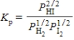 Which of the following is the correct balanced equation for the equilibrium constant expression given below?   A)    H<sub>2</sub>(g) +   I<sub>2</sub>(g)    HI(g)  B)  HI(g)      H<sub>2</sub>(g) +   I<sub>2</sub>(g)  C)    H<sub>2</sub>(aq) +   I<sub>2</sub>(aq)    HI(aq)  D)  HI(aq)      H<sub>2</sub>(aq) +   I<sub>2</sub>(aq)  E)  2 HI(g)    H<sub>2</sub>(g) + I<sub>2</sub>(g) 