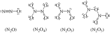 Which of the following Lewis structures for nitrogen oxides is incorrect?   A)  N<sub>2</sub>O. B)  N<sub>2</sub>O<sub>4</sub>. C)  N<sub>2</sub>O<sub>3</sub>. D)  N<sub>2</sub>O<sub>5</sub>. E)  All of these are incorrect structures.