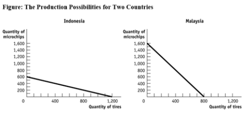 Use the following to answer questions:   -(Figure: The Production Possibilities for Two Countries)  Use Figure: The Production Possibilities for Two Countries. If Indonesia and Malaysia trade 1 microchip for 1 tire, the most that Indonesia can consume is _____ microchips and _____ tires, while the most that Malaysia can consume is _____ microchips and _____ tires. A)  300; 600; 800; 200 B)  200; 900; 600; 300 C)  1,200; 400; 800; 200 D)  600; 600; 1,000; 600