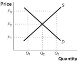 Use the following to answer questions:   -(Figure: Supply, Demand, and Equilibrium) Use Figure: Supply, Demand, and Equilibrium. In the figure, there will be excess demand for the good at a price of P<sub>3</sub>.