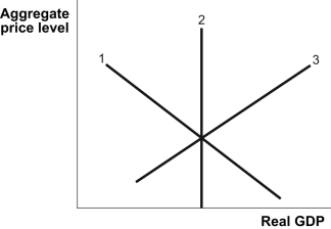 Use the following to answer question 167: Figure: Macroeconomics Equilibrium   -(Figure: Macroeconomics Equilibrium)  Refer to Figure: Macroeconomic Equilibrium. Curve 1 refers to _____, curve 2 refers to _____, and curve 3 refers to _____. A)  long-run aggregate supply; short-run aggregate supply; aggregate demand B)  aggregate demand; short-run aggregate supply; long-run aggregate supply C)  short-run aggregate supply; long-run aggregate supply; aggregate demand D)  aggregate demand; long-run aggregate supply; short-run aggregate supply