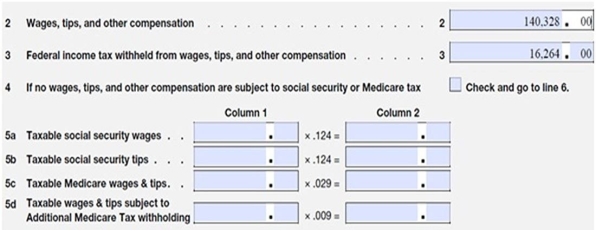 McBean Farms has the following information on their Form 941:   What amount should be entered in Column 1, Lines 5a and 5c? (Assume no Section 125 health insurance and that none of the employees had exceeded the Social Security wage base.)  A)  $16,264.00 B)  $140,328.00 C)  $8,700.34 and $2,034.76, respectively D)  $156,592.00