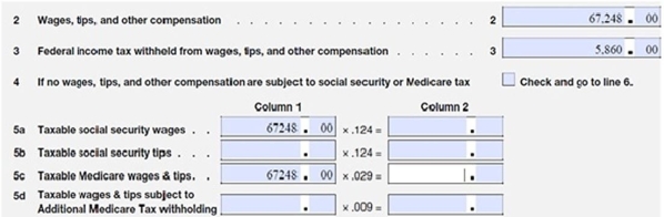 Daigneault Designs has the following amounts listed on their Form 941:   What amounts belong in Column 2, Lines 5a and 5c? A)  $4,169.38 and $1,950.19, respectively B)  $4,169.28 and $975.19, respectively C)  $8,338.75 and $1,950.19, respectively D)  $8,338.75 and $975.19, respectively