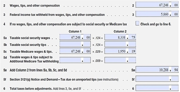 Daigneault Designs has the following amounts listed on their Form 941:   Assuming that Daigneault Designs has no tipped employees, what amount belongs on line 6? A)  $10,288.94 B)  $16,148.94 C)  $83,396.94 D)  $20,577.89