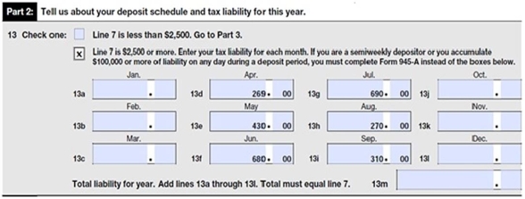 Collin's Pool Service files a Form 944 to report its payroll tax liability. Line 5 had a total of $2,648.96. Part 2 contained the following information:   What amount belongs in box 13m? A)  $2,500.00 B)  $1,379.00 C)  $2,649.00 D)  $2,648.96