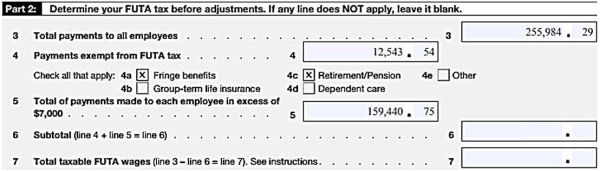 Cralic Company has 12 employees and operates in Texas. The Form 940 for the previous year contained the following information:   What amount should be entered on line 6? A)  $184,527.83 B)  $1,535.91 C)  $171,984.29 D)  $1,031.91
