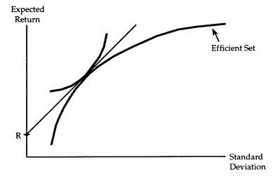 Consider the accompanying diagram,which shows an investor who can choose to hold the risky assets on the efficient set and/or the risk-free asset labeled R.    