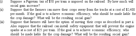 Railway engines create sparks,which sometimes set fire to crops planted near the tracks.A large number of farmers are affected,and transactions costs prevent the farmers and the railroad from negotiating bribes or side payments.The price of railway service is $250 per train,and each train causes $50 of crop damage.The accompanying diagram shows the relevant market for railway service.    
