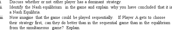 Consider the simultaneous choice game represented by the matrix below where Player A chooses either Up or Down and Player B chooses either Left or Right.     