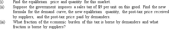 Suppose the demand curve for a good is given by the equation P = 200 - 1/2 Q and the supply curve is given by the equation P = 50 + 1/4 Q,where P represents the price of the good (measured in dollars per unit)and Q represents the quantity of the good (measured in units per week).   
