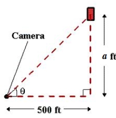 In a free-fall experiment,an object is dropped from a height of ​a = 144 feet.A camera on the ground 500 feet from the point of impact records the fall of the object as shown in the figure.Assuming the object is released at time t = 0.Find the rate of change of the angle of elevation of the camera when t = 1.Round your answer to four decimal places. ​​   ​​ A) -0.6006   B) -0.0581   C) 0.0601   D) 0.0581   E) -0.0601  