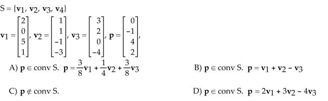 Determine whether the point p is in the convex hull of S.  <div style=padding-top: 35px> 