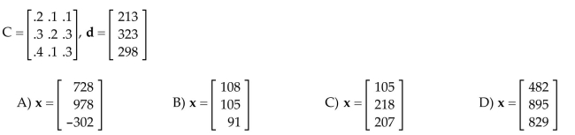 Determine the production vector x that will satisfy demand in an economy with the given consumption matrix C and final demand vector d. Round production levels to the nearest whole number.