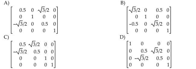 Find the 4 × 4 matrix that produces the described transformation, using homogeneous coordinates. Rotation about the y-axis through an angle of 60° 73)