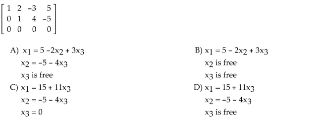The augmented matrix is given for a system of equations. If the system is consistent, find the general solution. Otherwise state that there is no solution.