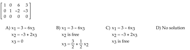 The augmented matrix is given for a system of equations. If the system is consistent, find the general solution. Otherwise state that there is no solution.