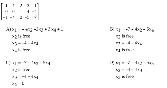 The augmented matrix is given for a system of equations. If the system is consistent, find the general solution. Otherwise state that there is no solution.