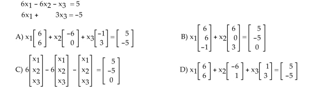 Write the system as a vector equation or matrix equation as indicated. Write the following system as a vector equation involving a linear combination of vectors.