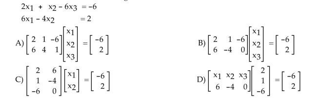 Write the system as a vector equation or matrix equation as indicated. Write the following system as a matrix equation involving the product of a matrix and a vector on the left side and a vector on the right side.