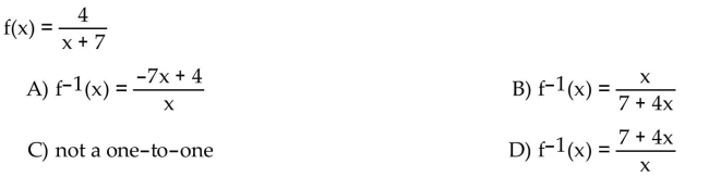 If the function is one-to-one, find its inverse. If not, write not one-to-one.  <div style=padding-top: 35px> 
