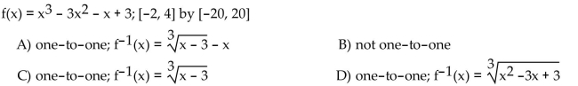 Use a graphing calculator to graph the function using the given viewing window. Use the graph to decide if the function is one-to-one. If the function is one-to-one, give the equation of the inverse function.  <div style=padding-top: 35px> 