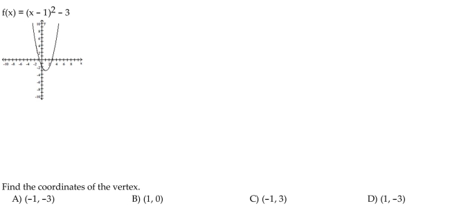 Use the equation and the corresponding graph for the quadratic function to find what is requested.