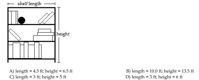 A bookcase is to be constructed as shown in the figure below. The height of the bookcase is 2 feet longer than the length of a shelf. If 22 feet of lumber is available for the entire unit (including the shelves, but NOT the back Of the bookcase), find the length and height of the unit.