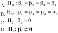 The best example of a null hypothesis for testing an individual regression coefficient is:   A) Option A B) Option B C) Option C D) Option D