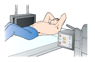 The patient in this figure is placed in which of the following positions?   A)  Left lateral decubitus B)  Right lateral decubitus C)  Dorsal decubitus D)  Ventral decubitus