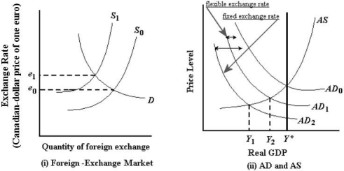   FIGURE 34-5 -Refer to Figure 34-5. If the supply curve of foreign exchange shifts from S0 to S1, the Bank of Canada could maintain a fixed exchange rate at e0 by A)  selling Canadian currency. B)  holding foreign reserves constant. C)  buying foreign currency reserves. D)  selling foreign currency reserves. E)  lowering the overnight interest rate.