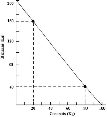 The diagram below shows Robinson Crusoeʹs annual production possibilities boundary for the production of bananas and coconuts.    FIGURE 32-3 -Refer to Figure 32-3. Starting from point A and moving to point B, Robinson Crusoeʹs opportunity cost of producing each additional kilogram of coconuts is A)  increasing. B)  increasing followed by decreasing. C)  constant. D)  decreasing. E)  decreasing followed by increasing.