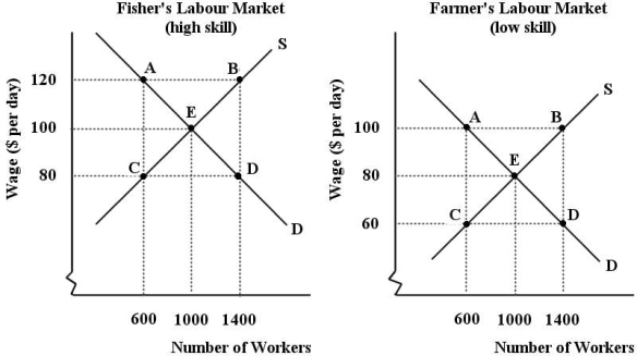 Suppose an island economy has only two labour markets - fishing high skill)  and farming low skill) . There are 1000 males and 1000 females in the labour force. There is an equal distribution of skilled and non-skilled workers among each sex.    FIGURE 14-1 -Refer to Figure 14-1. Suppose the employers in the fishers labour market begin to discriminate against male workers, and we move to a new equilibrium in each market. In the absence of any government intervention in these markets, what forces might we expect to see over time? 1)  All female workers will migrate to the fishers labour market due to the higher wage. 2)  The discriminatory wage differential will tend to be eliminated by the pursuit of profit. 3)  Some firm owners in the fishing labour market will find it profitable to hire high-skill males, thus reducing the wage differential. A)  1 only B)  2 only C)  3 only D)  1 and 2 E)  2 and 3