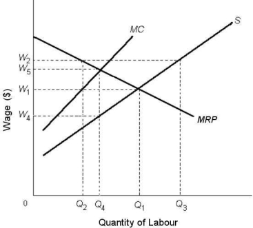   FIGURE 14-2 -Refer to Figure 14-2. Suppose the labour market is initially in a monopsonistic equilibrium. If a strong union is then formed and establishes a minimum wage of W1, A)  employment will decrease to Q2. B)  the wage rate and employment will both increase to their competitive levels. C)  the wage rate will increase but employment will decrease. D)  there will be an effect on either wages or employment but not both. E)  the wage rate will decrease but employment will increase.