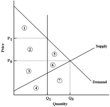 The diagram below shows the market for litres of milk.    FIGURE 5-8 -Refer to Figure 5-8. After the imposition of a milk quota at quantity Q1, economic surplus is represented by A)  areas 1, 2 and 5. B)  areas 3 and 4. C)  areas 1, 2 and 3. D)  areas 1, 2, 3, 4, 5, 6 and 7. E)  areas 2, 3, 5 and 6.