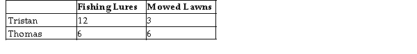 The table below illustrates that, in one day, Tristan can produce either 12 fishing lures or mow 3 lawns, while Thomas can produce either 6 fishing lures or mow 6 lawns.   TABLE 1-1 -Refer to Table 1-1. If Tristan and Thomas want to maximize their joint output from one day of work, how should they specialize their production? A)  Tristan produces 3 mowed lawns; Thomas produces 6 mowed lawns B)  Tristan produces 6 lures; Thomas produces 6 lures C)  Tristan produces 6 lures and 3 mowed lawns D)  Tristan produces 12 lures; Thomas produces 6 mowed lawns E)  Tristan produces nothing, Thomas produces 6 lures and 6 mowed lawns
