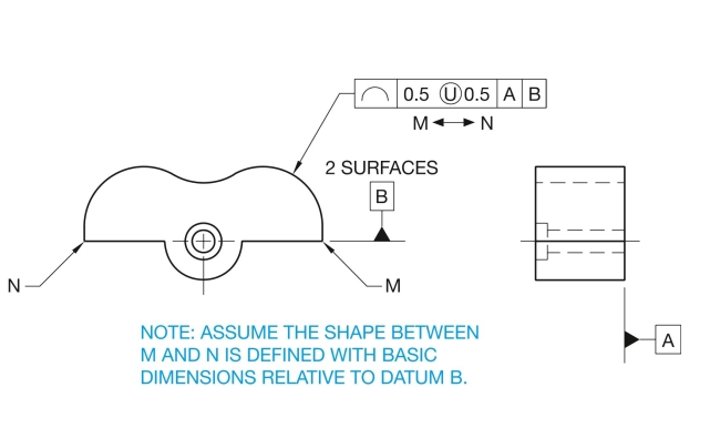 Given the following drawing, describe the profile geometric tolerance and related drawing specifications. Indicate whether the drawing shows preferred ASME Y14.5 use or an alternate practice.  